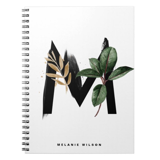 Boho Watercolor Tropical Leaves Letter M Monogram Notebook (Front)