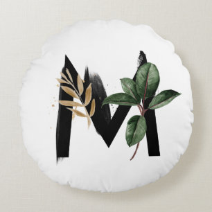 Boho Watercolor Tropical Leaves Letter M Monogram Round Pillow