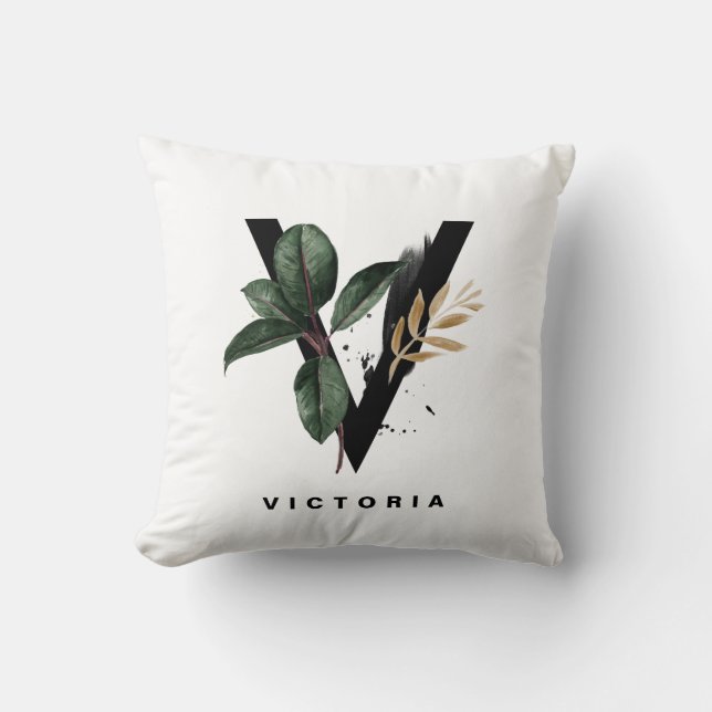Boho Watercolor Tropical Leaves Letter V Monogram Throw Pillow (Front)