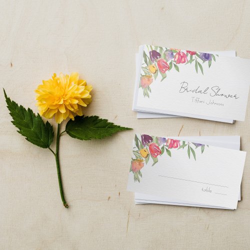 Boho Watercolor Tulips and Greenery Place Card