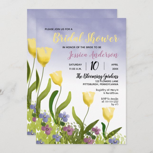 Boho Watercolor Tulips | Violets Bridal Shower Invitation (Front/Back)