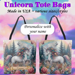 Boho Watercolor Unicorn Rainbow Custom Name Tote Bag