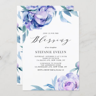 Boho Watercolor Violet Peony Flowers Baby Blessing Invitation