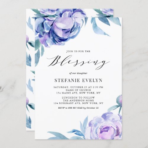 Boho Watercolor Violet Peony Flowers Baby Blessing Invitation