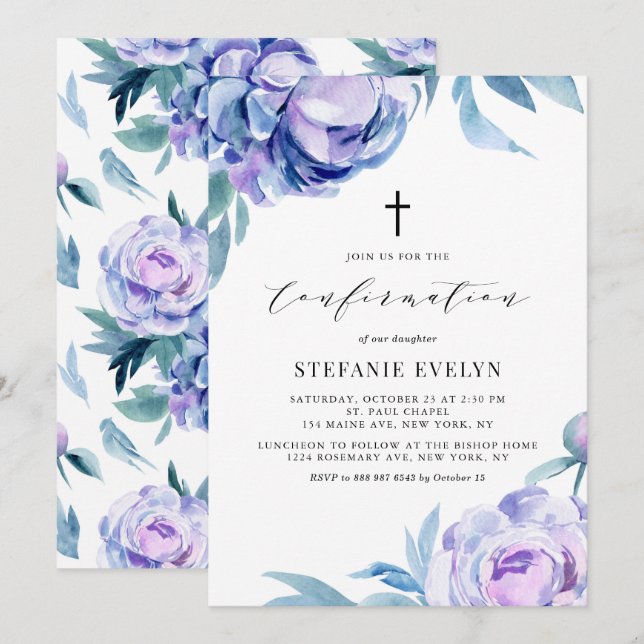 Boho Watercolor Violet Peony Flowers Confirmation Invitation (Front/Back)