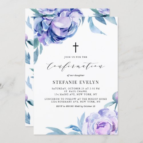 Boho Watercolor Violet Peony Flowers Confirmation Invitation