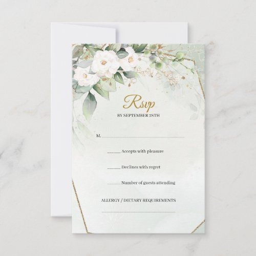 Boho watercolor white roses eucalyptus gold frame RSVP card