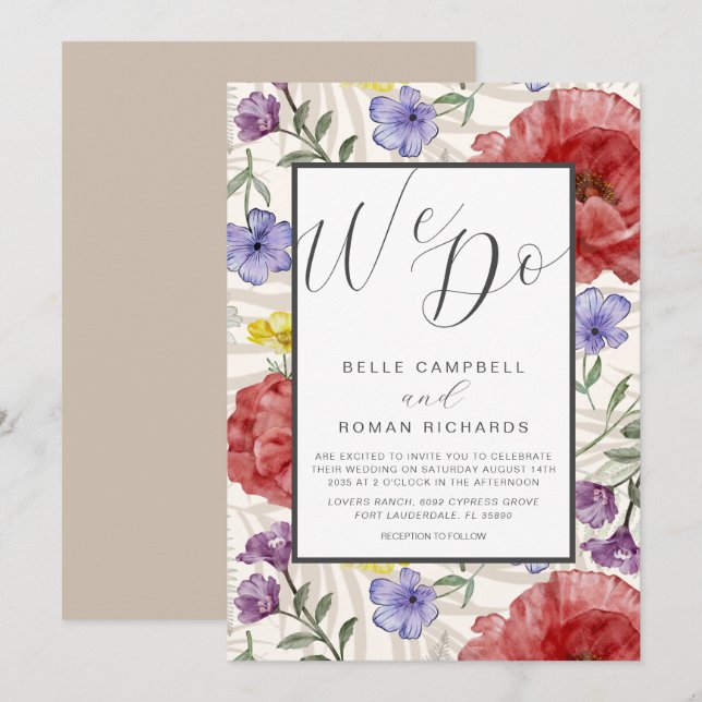 Boho Watercolor Wild Flowers Beige Wedding Invitation (Front/Back)