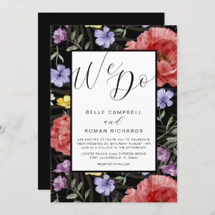 Boho Watercolor Wild Flowers Black & Red Wedding Invitation