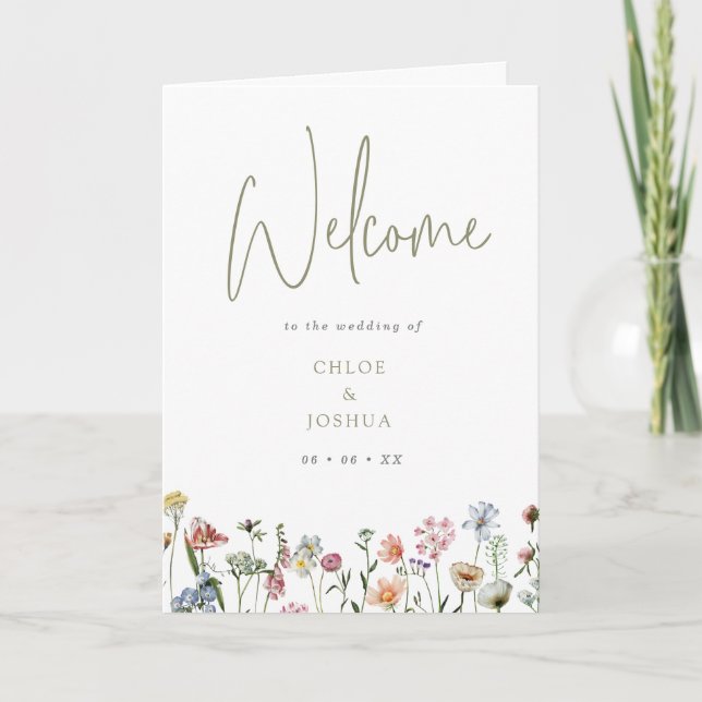 Boho Watercolor Wild Flowers Wedding Folded Program (Front)