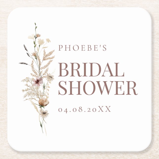 Boho  Watercolor Wildflower Bridal Shower Coaster (Front)