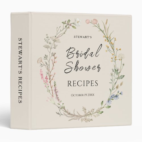 Boho Watercolor Wildflower Bridal Shower Recipes 3 Ring Binder