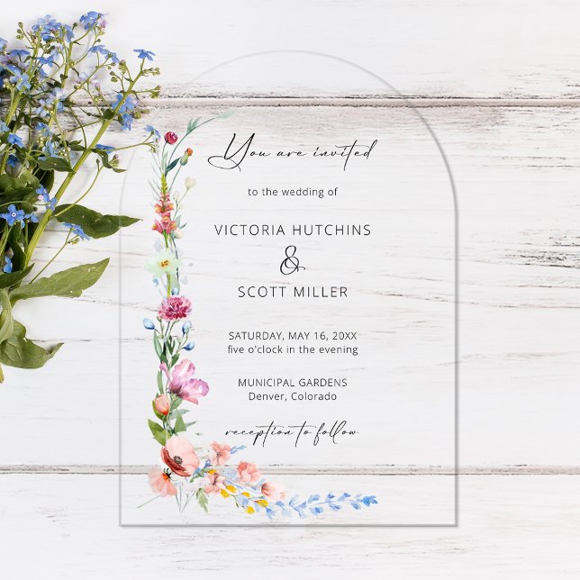 Boho Watercolor Wildflower Calligraphy Wedding Acrylic Invitations (Creator Uploaded)