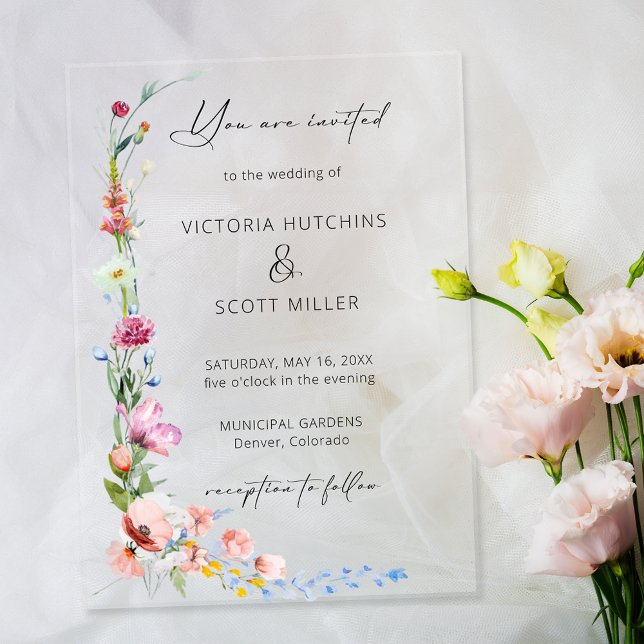 Boho Watercolor Wildflower Calligraphy Wedding Acrylic Invitations (Creator Uploaded)