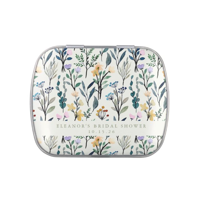 Boho Watercolor Wildflower Custom Bridal Shower Candy Tin (Top)