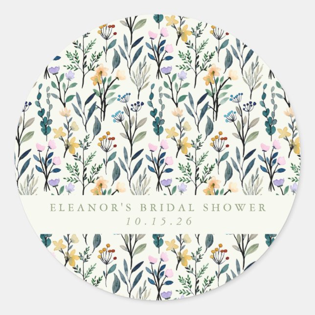 Boho Watercolor Wildflower Custom Bridal Shower  Classic Round Sticker (Front)