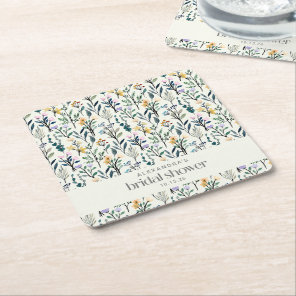Boho Watercolor Wildflower Custom Bridal Shower  Square Paper Coaster