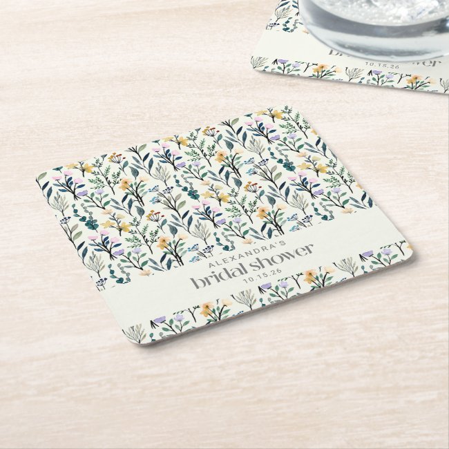 Boho Watercolor Wildflower Custom Bridal Shower  Square Paper Coaster