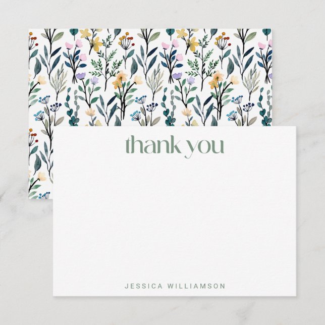 Boho Watercolor Wildflower Custom Bridal Shower  Thank You Card (Front/Back)