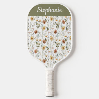 Boho Watercolor Wildflower Custom Name Pickleball Paddle