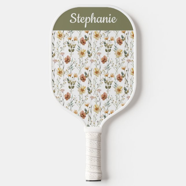 Boho Watercolor Wildflower Custom Name Pickleball Paddle (Front)