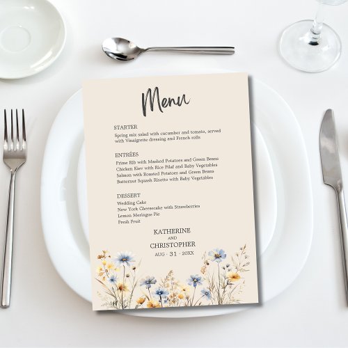 BOHO Watercolor Wildflower Elegant Beige Wedding Menu