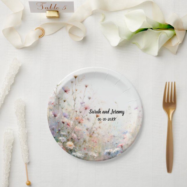 Boho Watercolor Wildflower Floral Personalize Paper Plates (Wedding)