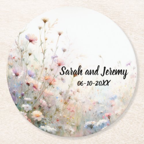 Boho Watercolor Wildflower Floral Personalize Round Paper Coaster