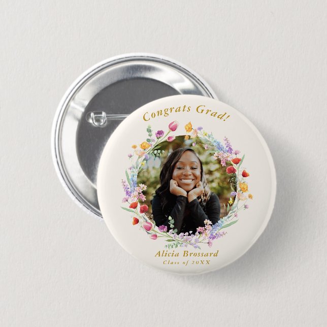 Boho Watercolor Wildflower Grad Photo Button (Front & Back)
