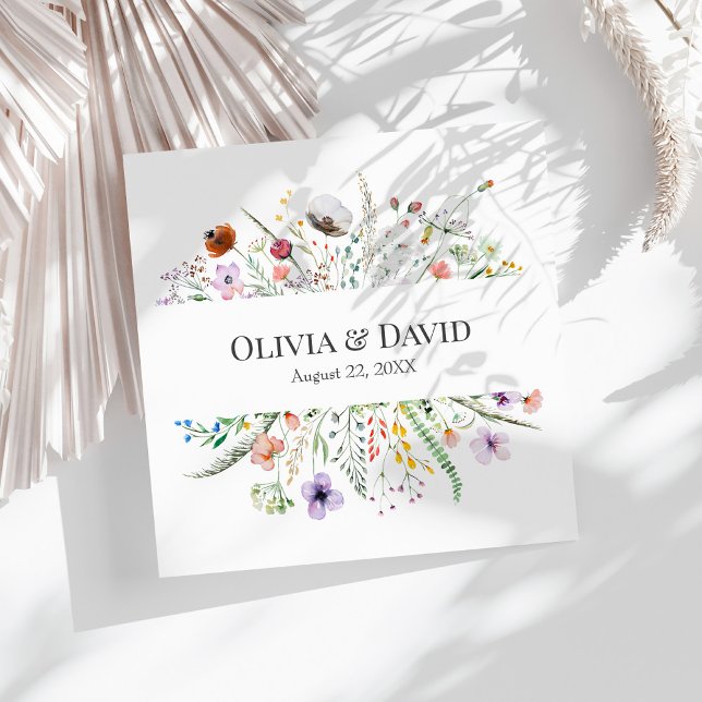 Boho Watercolor Wildflower Meadow Wedding Napkins (Boho Wildflower Meadow Wedding Napkins on a sunny white table.)