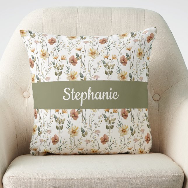 Boho Watercolor Wildflower Monogram Name Throw Pillow (Creator Uploaded)