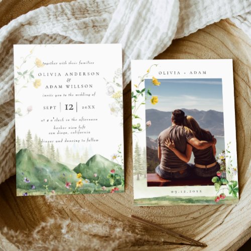 Boho Watercolor Wildflower Mountain Photo Wedding Invitation