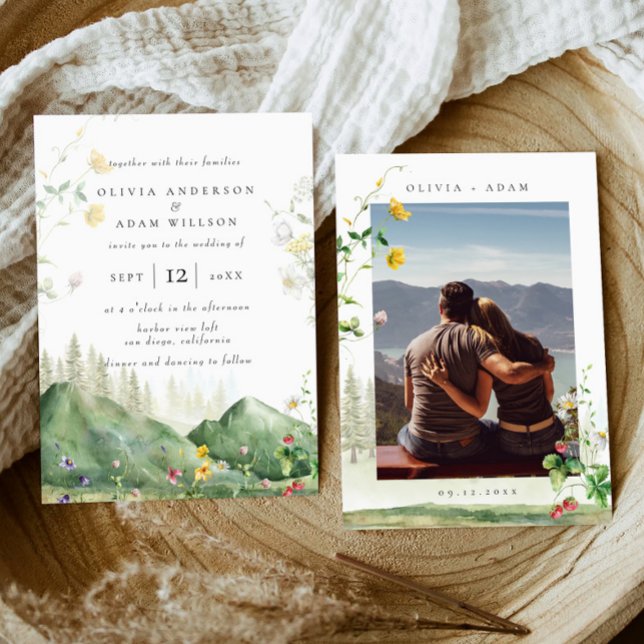 Boho Watercolor Wildflower Mountain Photo Wedding Invitation (Creator Uploaded)