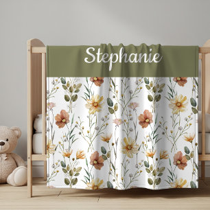 Boho Watercolor Wildflower Name Baby Blanket