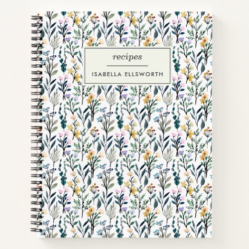 Boho Watercolor Wildflower Personalized Recipe Notebook