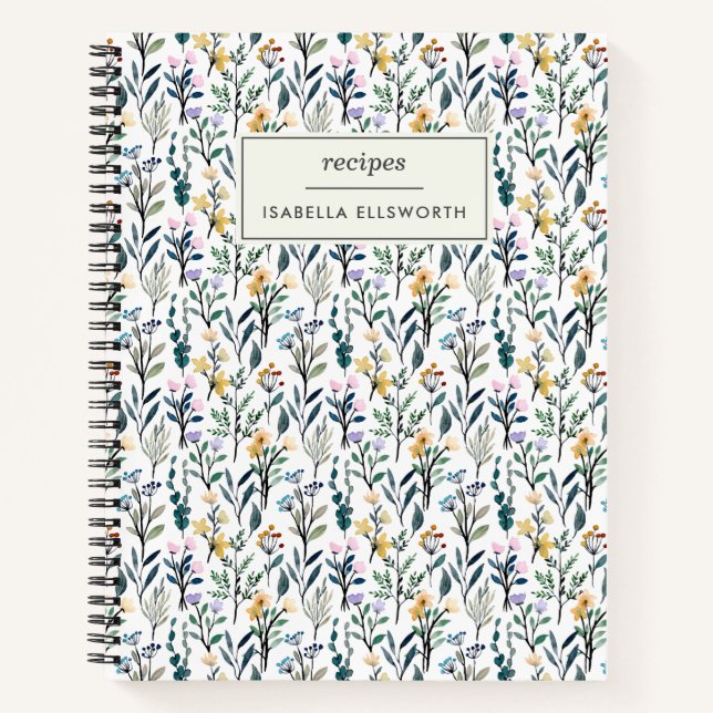 Boho Watercolor Wildflower Personalized Recipe Notebook (Front)