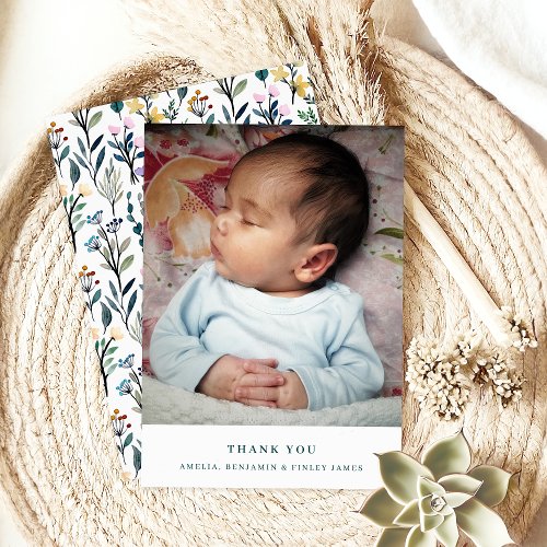Boho Watercolor Wildflower Simple Baby Photo Thank You Card