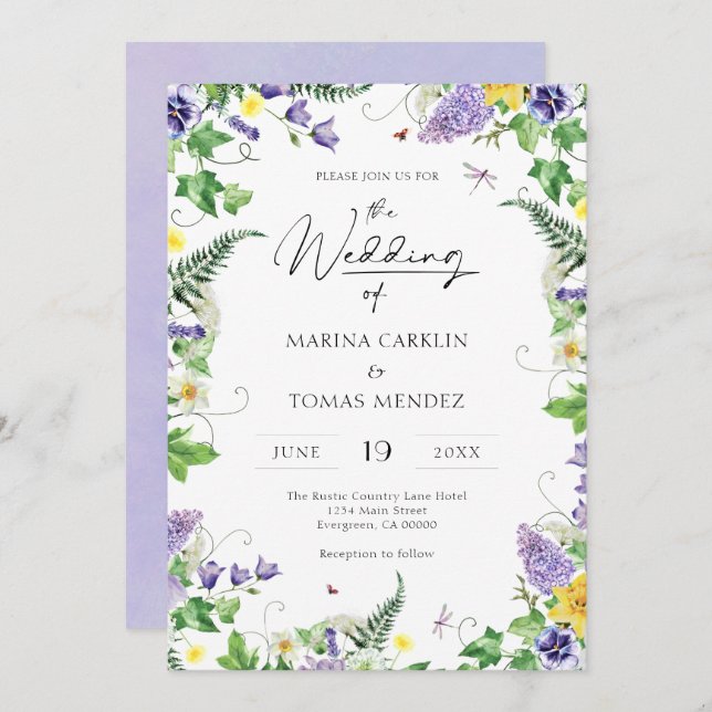 Boho Watercolor Wildflower Wedding Invitation (Front/Back)