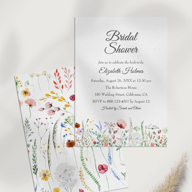 Boho Watercolor Wildflowers Bridal Shower Invitation (Boho Watercolor Wildflowers Bridal Shower Invitation on a white table.)