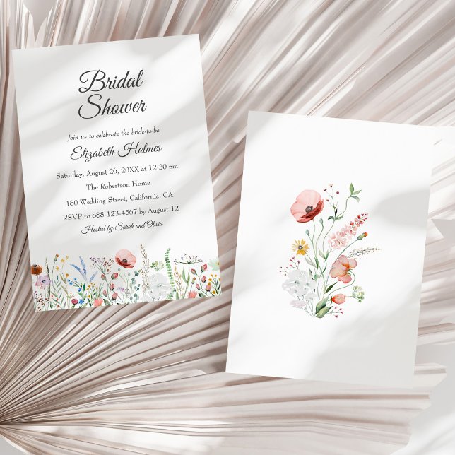 Boho Watercolor Wildflowers Bridal Shower Invitation (Boho Watercolor Wildflowers Bridal Shower Invitation on a sunny dry white palm leaf.)