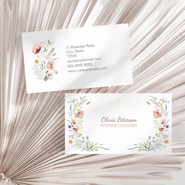 Boho Watercolor Wildflowers Business Card (Boho Watercolor Wildflowers Business Card on a sunny neutral dry palm leaf.)