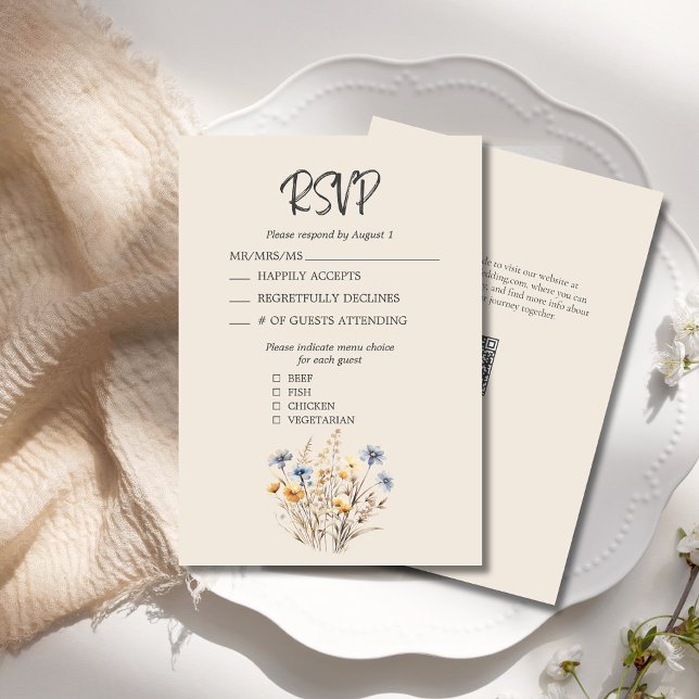 BOHO Watercolor Wildflowers Elegant Beige Wedding RSVP Card (BOHO Wildflower Wedding RSVP Card with Blue and Yellow Wildflowers, Menu Choices, QR Code. Beige.)