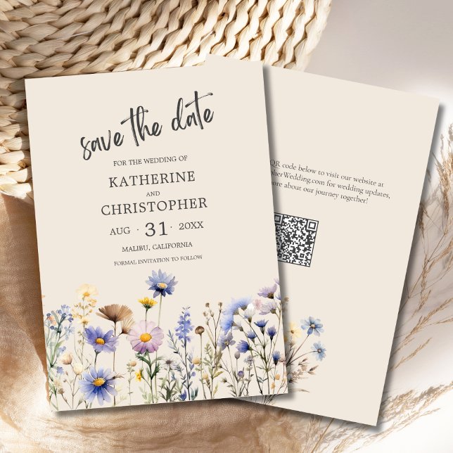 BOHO Watercolor Wildflowers Elegant Beige Wedding Save The Date (BOHO Wildflowers Save the Date with Purple, Blue, Yellow Wildflowers, QR Code, Beige Background.)