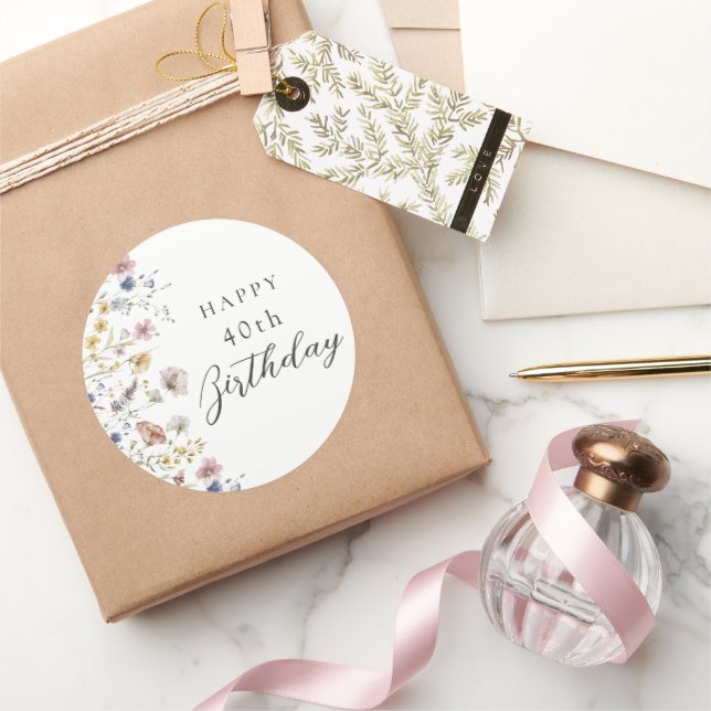 Boho Watercolor Wildflowers Floral 40th Birthday Classic Round Sticker (Gifting)