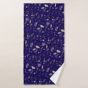 Boho Watercolor Wildflowers Navy Bath Towel