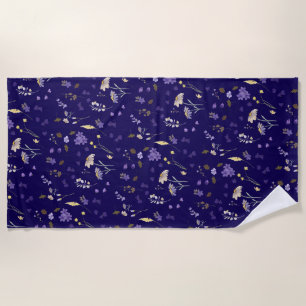 Boho Watercolor Wildflowers Navy Beach Towel