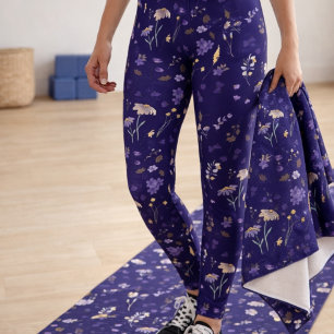 Boho Watercolor Wildflowers Navy Leggings