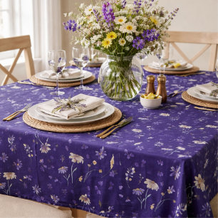 Boho Watercolor Wildflowers Navy  Tablecloth