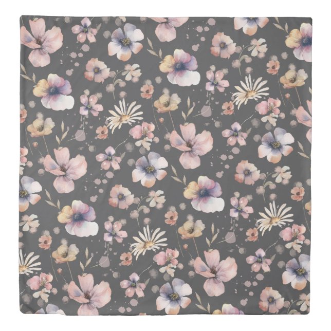 Boho Watercolor Wildflowers Pattern Blush Charcoal Duvet Cover (Front)