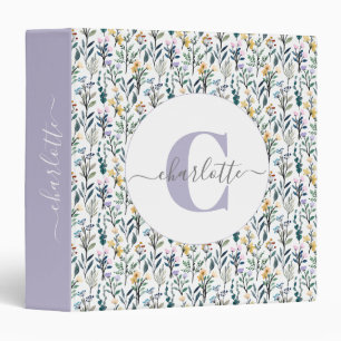 Boho Watercolor Wildflowers Pattern Monogram Name 3 Ring Binder